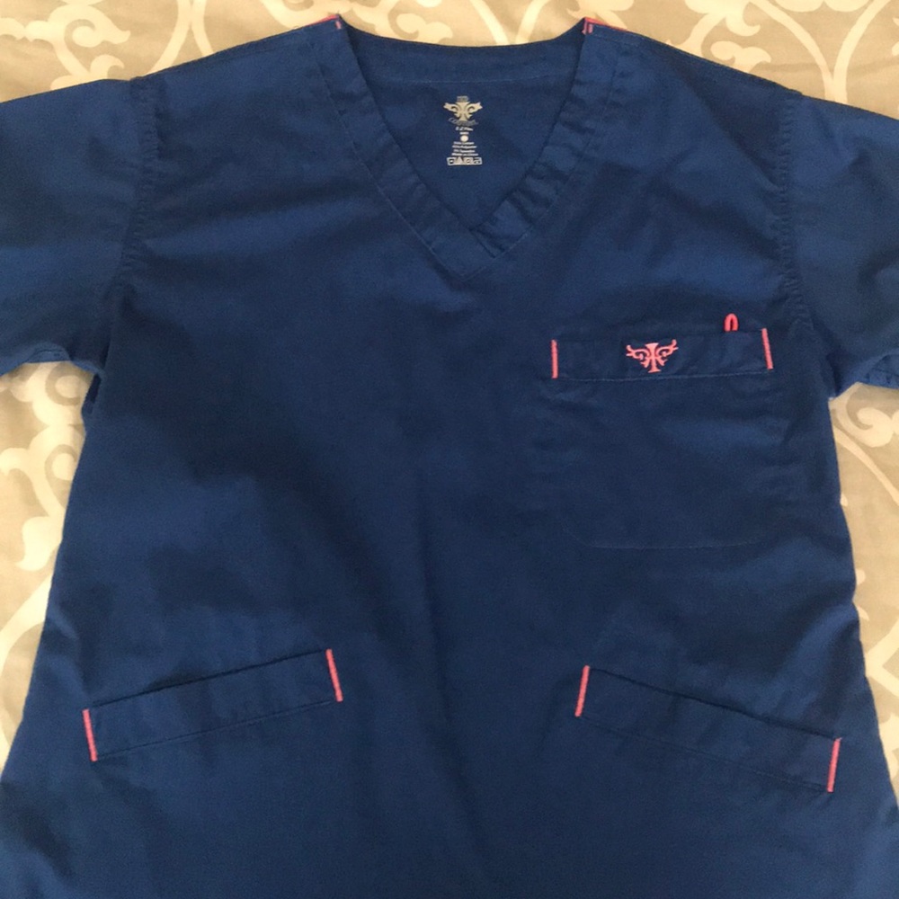 Blue and pink Med couture scrub top